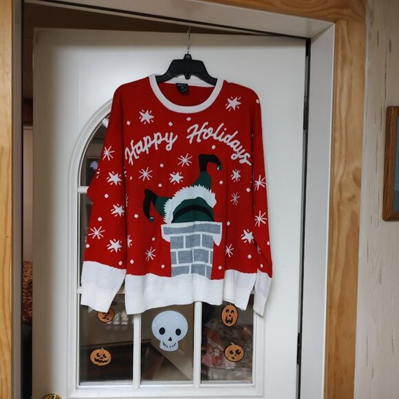 New Esmara Red White Santa Down The Chimney Ugly Christmas Sweater Women's XL - Picture 1 of 2